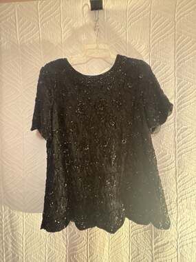 Candlelight & Champagne Vintage Black Beaded Sequin Floral Lace Short Sleeve Blo